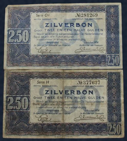 2½ Gulden Zilverbon 1938 NVMH 13-1A en 13-1B