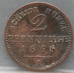 2 Pfenninge 1865 (A) Pruisen — Koper voorzijde