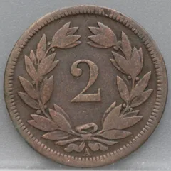 2 Rappen 1851 Zwitserland Brons achterzijde