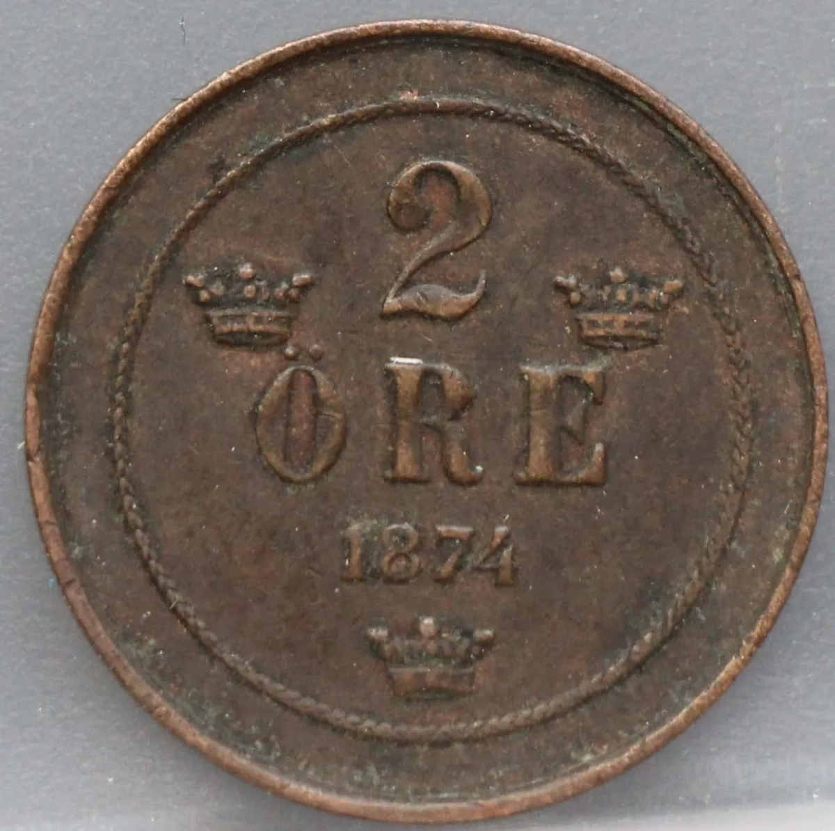 2 Öre 1874 Zweden — Brons voorzijde