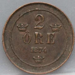 2 Öre 1874 Zweden — Brons voorzijde