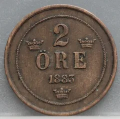 2 Öre 1883 Zweden — Brons voorzijde