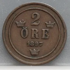 2 Öre 1897 Zweden — Brons voorzijde