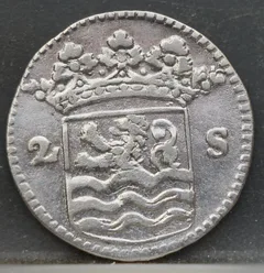 2 Stuiver 1727 — Dubbele Wapenstuiver Zeeland Zilver achterzijde, Zilver (Ag)