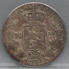 20 Centimes 1853 België Zilver achterzijde