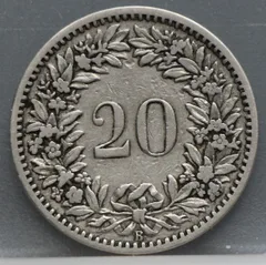 20 Rappen 1883 Zwitserland Cupronikkel achterzijde