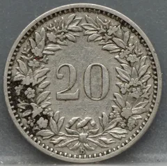 20 Rappen 1883 Zwitserland Cupronikkel achterzijde