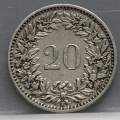 20 Rappen 1884 Zwitserland Cupronikkel achterzijde