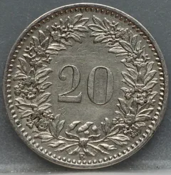 20 Rappen 1884 Zwitserland Cupronikkel achterzijde