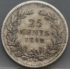 25 Cent 1849 — Zilveren Kwartje Willem II achterzijde, zilver 640/1000