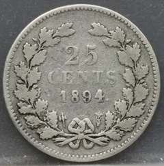 25 Cent 1894 – Kwartje Wilhelmina Zilver achterzijde, Nederland, Zilver .640