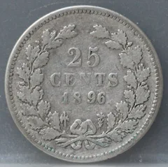 25 Cent 1896 — Zilveren Kwartje Wilhelmina achterzijde, Zilver 640/1000