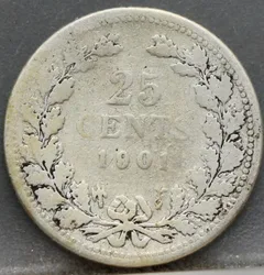 25 Cent 1901 — Kwartje Smalle Hals achterzijde, Nederland, zilver