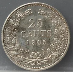 25 Cent 1905 — Zilveren Kwartje Wilhelmina achterzijde, zilver 640/1000