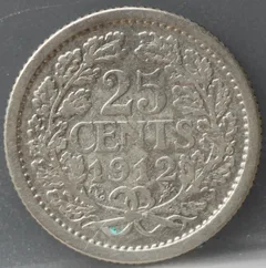 25 Cent 1912 — Zilveren Kwartje Wilhelmina achterzijde, zilver 640/1000