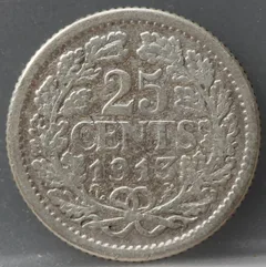 25 Cent 1913 — Zilveren Kwartje Wilhelmina achterzijde, Zilver 640/1000