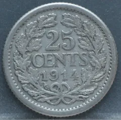 25 Cent 1914 — Kwartje Wilhelmina Zilver achterzijde