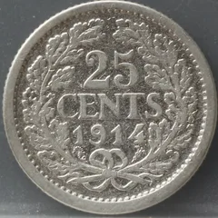 25 Cent 1914 — Zilveren Kwartje Wilhelmina achterzijde, zilver 640/1000