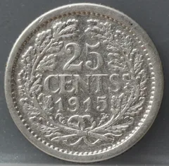 25 Cent 1915 — Zilveren Kwartje Wilhelmina achterzijde, zilver 640/1000