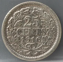 25 Cent 1916 — Zilveren Kwartje Wilhelmina achterzijde, Zilver 640/1000