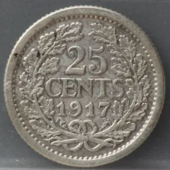 25 Cent 1917 — Zilveren Kwartje Wilhelmina achterzijde, zilver 640/1000