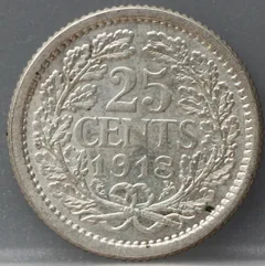 25 Cent 1918 — Zilveren Kwartje Wilhelmina achterzijde, zilver 640/1000