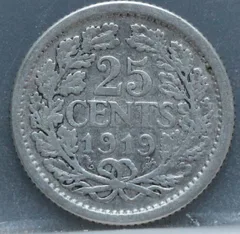 25 Cent 1919 — Kwartje Wilhelmina Zilver achterzijde