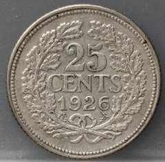 25 Cent 1926 — Zilveren Kwartje Wilhelmina achterzijde, Zilver 640/1000