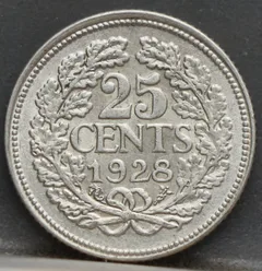 25 Cent 1928 – Kwartje Wilhelmina Zilver achterzijde