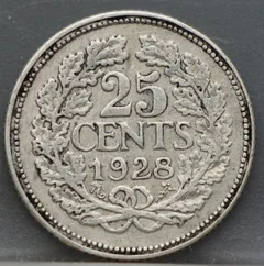 25 Cent 1928 — Kwartje Wilhelmina Zilver achterzijde