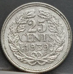 25 Cent 1939 — Kwartje Zilver achterzijde, Nederland