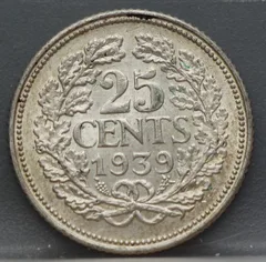25 Cent 1939 – Wilhelmina – Zilver achterzijde, Nederland