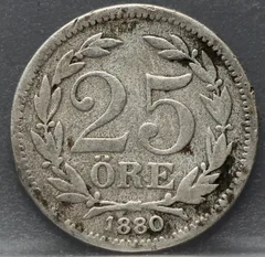 25 Öre 1880 Zweden — Zilver voorzijde