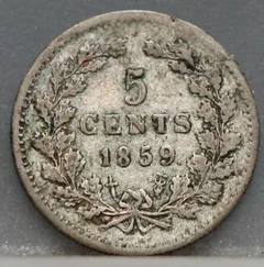 5 Cent 1859 — Zilveren Stuiver Willem III achterzijde, Zilver 640/1000