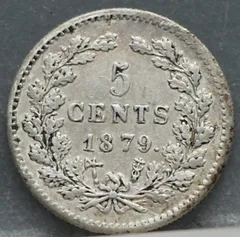 5 Cent 1879 — Zilveren Stuiver Willem III achterzijde, Zilver 640/1000
