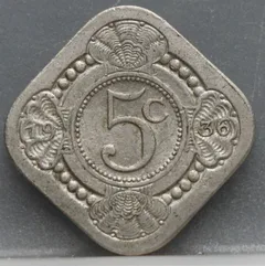5 Cent 1936 — Stuiver Wilhelmina Cupronikkel voorzijde, Koninkrijk der Nederlanden