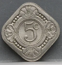 5 Cent 1936 — Vierkante Stuiver Wilhelmina voorzijde, Cupronikkel