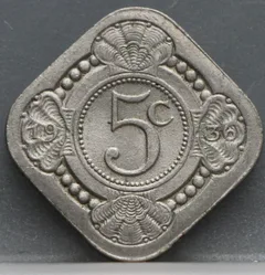 5 Cent 1936 — Vierkante Stuiver Wilhelmina Cupronikkel voorzijde, Koninkrijk der Nederlanden