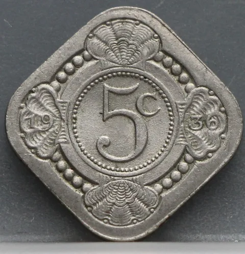 5 Cent 1936 — Vierkante Stuiver Wilhelmina Cupronikkel