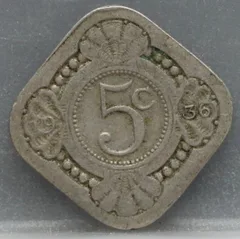 5 Cent 1936 — Vierkante Stuiver Wilhelmina Cupronikkel voorzijde, Koninkrijk der Nederlanden