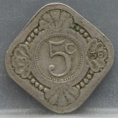 5 Cent 1936 — Vierkante Stuiver Wilhelmina Cupronikkel