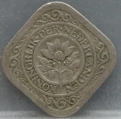 5 Cent 1936 — Vierkante Stuiver Wilhelmina Cupronikkel achterzijde, Koninkrijk der Nederlanden