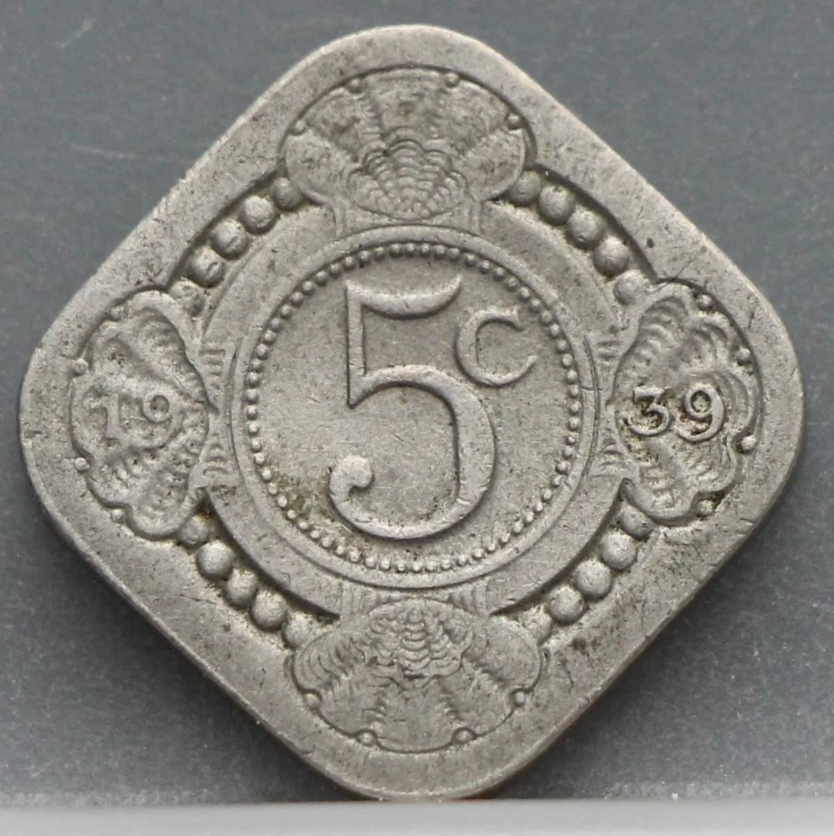 5 Cent 1939 — Vierkante Stuiver Wilhelmina Cupronikkel voorzijde, Koninkrijk der Nederlanden