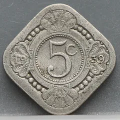 5 Cent 1939 — Vierkante Stuiver Wilhelmina Cupronikkel voorzijde, Koninkrijk der Nederlanden