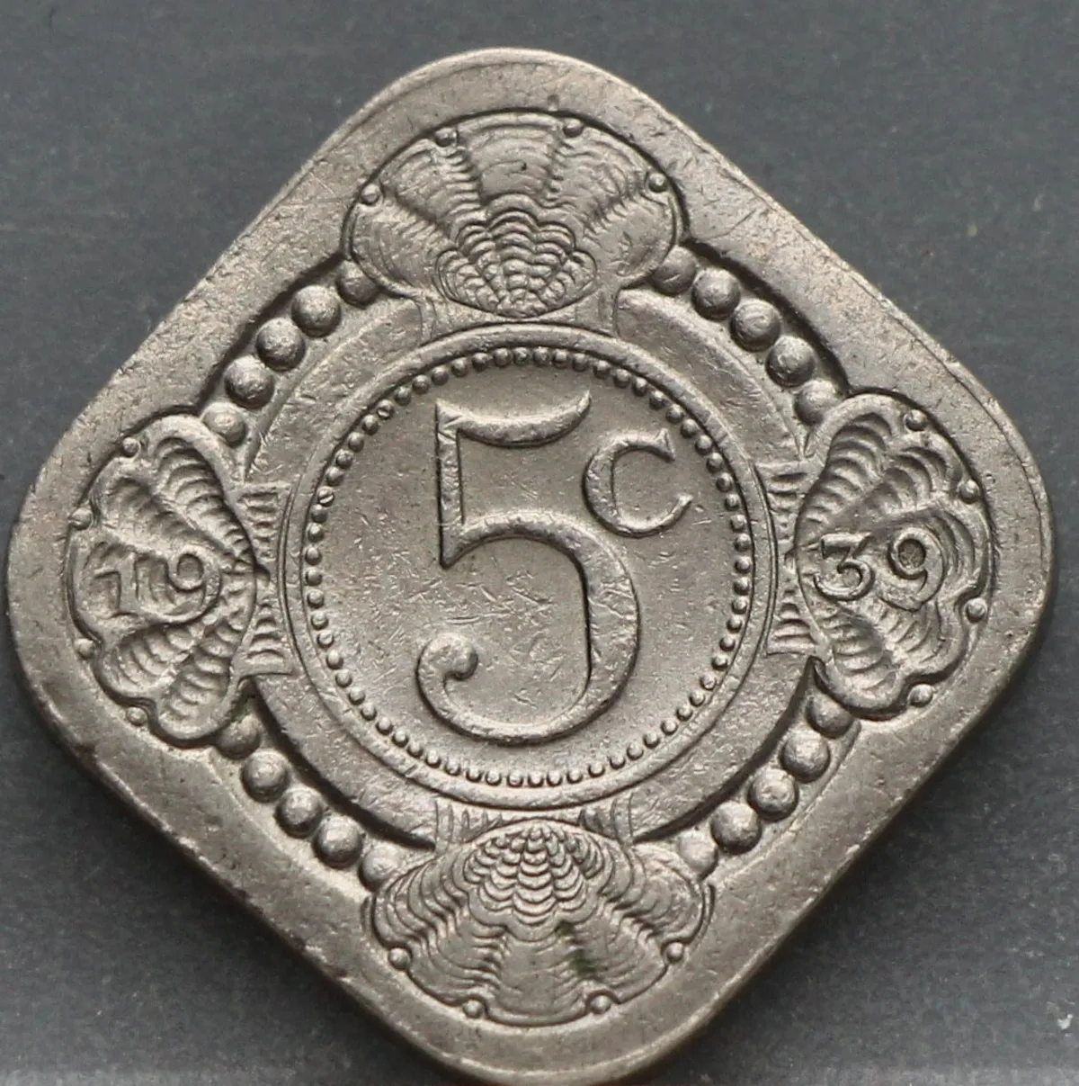 5 Cent 1939 — Vierkante Stuiver Wilhelmina Cupronikkel voorzijde, Nederland
