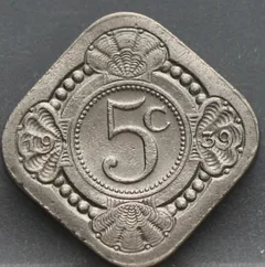 5 Cent 1939 — Vierkante Stuiver Wilhelmina Cupronikkel voorzijde, Nederland