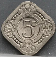 5 Cent 1940 — Stuiver Wilhelmina Cupronikkel voorzijde