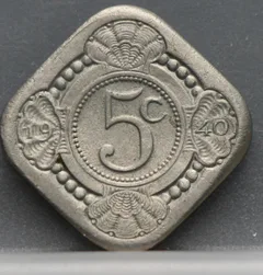 5 Cent 1940 — Vierkante Stuiver Wilhelmina Cupronikkel voorzijde, Nederland