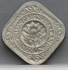 5 Cent 1940 — Vierkante Stuiver Wilhelmina Cupronikkel achterzijde, Nederland