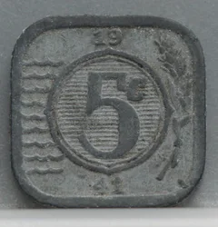 5 Cent 1941 Nederland — Zink (Vierkant) voorzijde